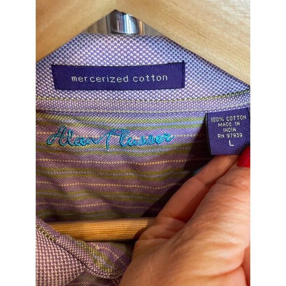 Alan Flusser Lavender Golf Shirt with Green Horizontal Pinstripes Sz L - Picture 9 of 9